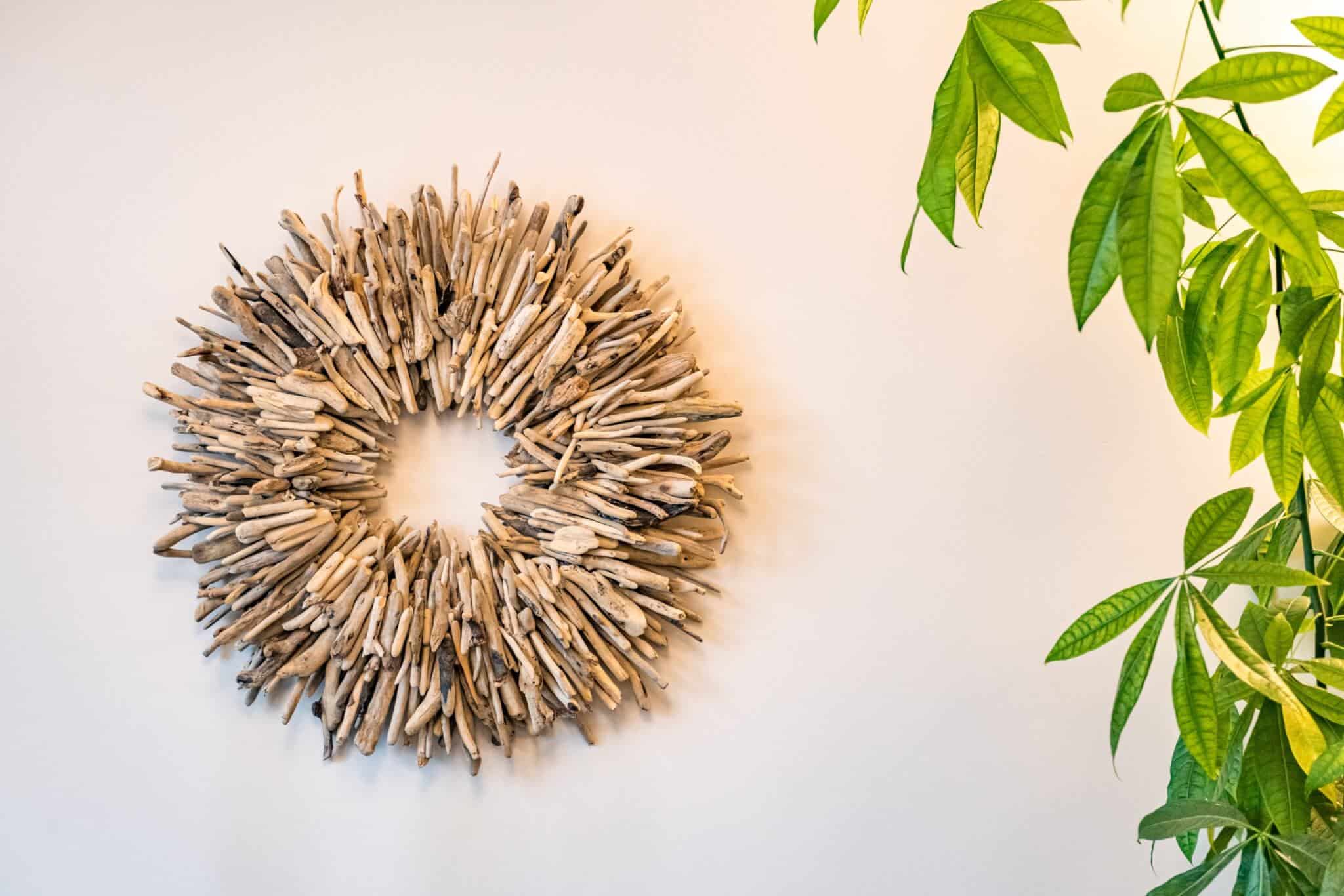 Stick wreath on wall