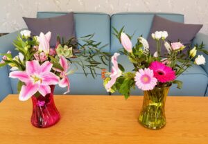 Handmade hand-made flowers wildflowers vases take home lilies pink white green