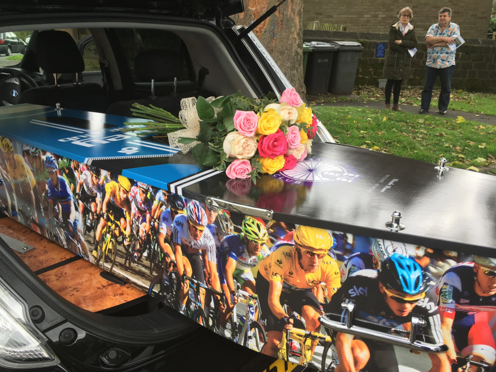 Coffin picture personalised cyclists bicycle flowers roses pink yellow