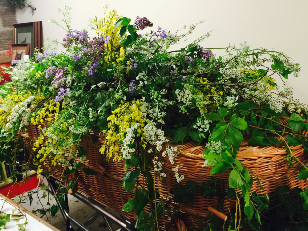 Wicker coffin wildflower wild flower spray handmade diy yellow white purple